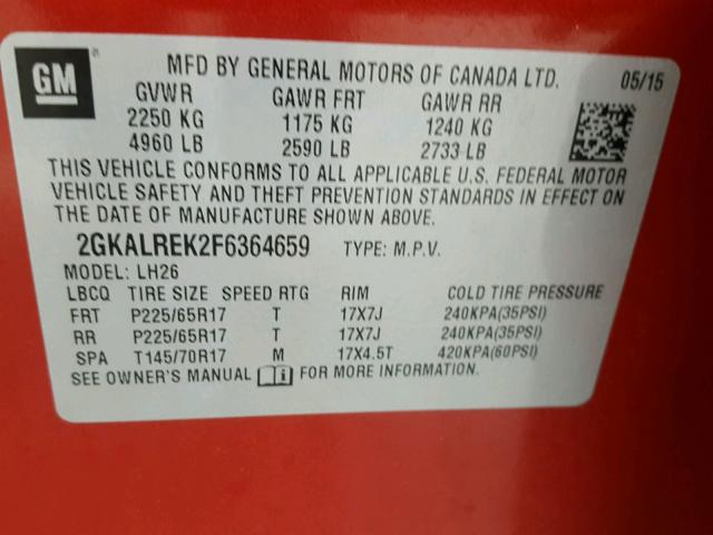 2GKALREK2F6364659 - 2015 GMC TERRAIN SL RED photo 10