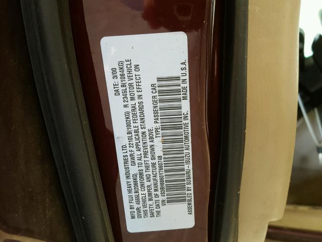 4S3BH6860Y7660748 - 2000 SUBARU LEGACY OUT MAROON photo 10