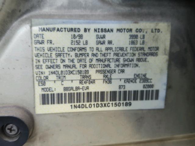 1N4DL01D3XC150189 - 1999 NISSAN ALTIMA XE GOLD photo 10