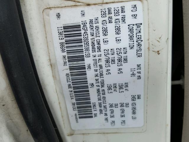 1B4GP45392B598159 - 2002 DODGE CARAVAN SP WHITE photo 10