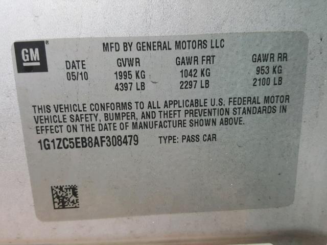 1G1ZC5EB8AF308479 - 2010 CHEVROLET MALIBU 1LT SILVER photo 10