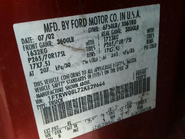 1FTRW08L72KE29664 - 2002 FORD F150 SUPER BURGUNDY photo 10