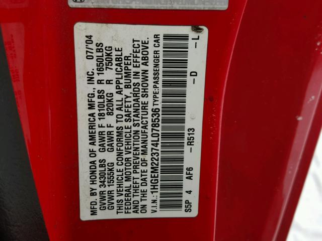 1HGEM22374L078536 - 2004 HONDA CIVIC DX V RED photo 10