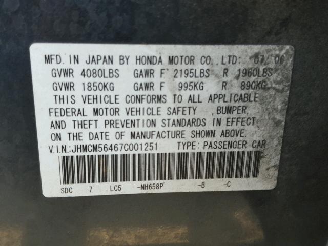 JHMCM56467C001251 - 2007 HONDA ACCORD LX GRAY photo 10