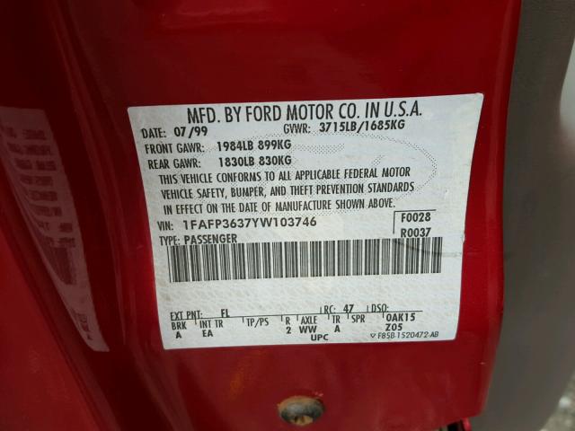 1FAFP3637YW103746 - 2000 FORD FOCUS SE RED photo 10