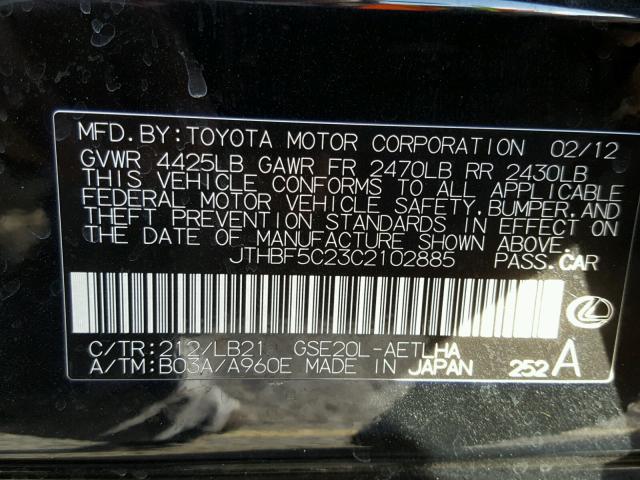 JTHBF5C23C2102885 - 2012 LEXUS IS 250 BLACK photo 10