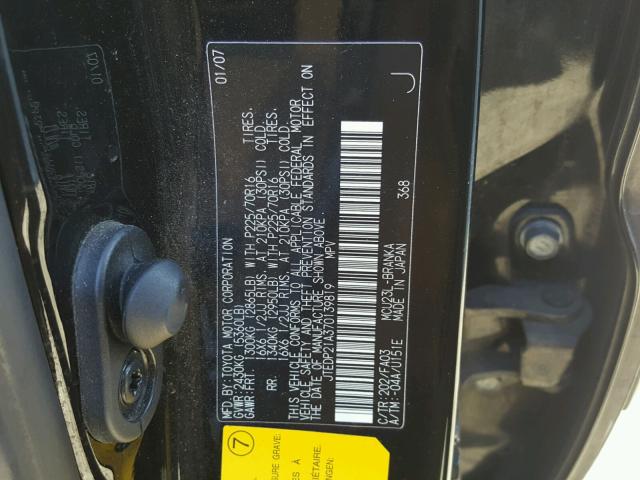 JTEDP21A370139819 - 2007 TOYOTA HIGHLANDER BLACK photo 10