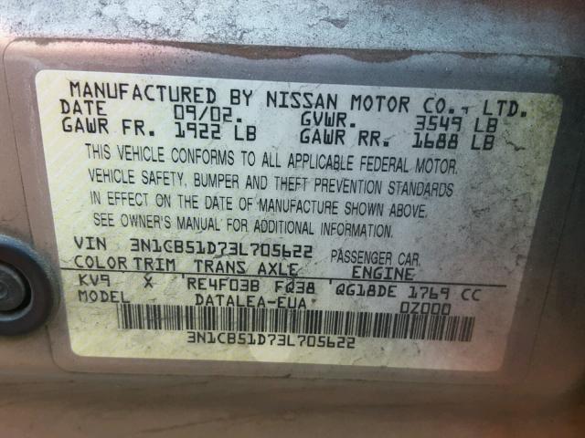 3N1CB51D73L705622 - 2003 NISSAN SENTRA XE TAN photo 10