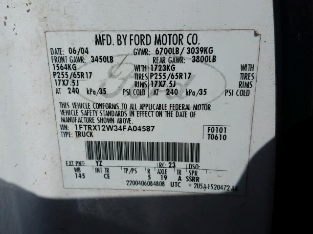 1FTRX12W34FA04587 - 2004 FORD F150 WHITE photo 10