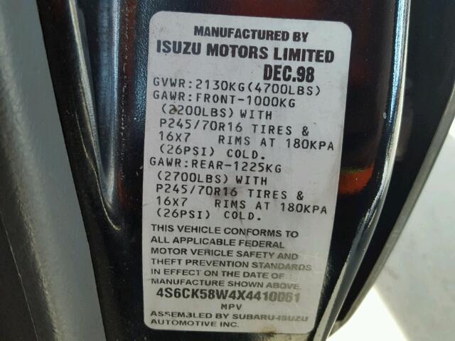 4S6CK58W4X4410061 - 1999 HONDA PASSPORT E BLACK photo 10