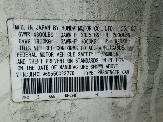 JH4CL96955C023776 - 2005 ACURA TSX CREAM photo 10