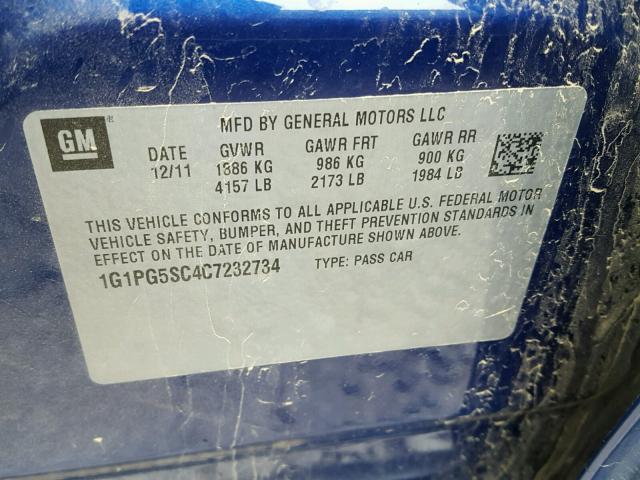 1G1PG5SC4C7232734 - 2012 CHEVROLET CRUZE LT BLUE photo 10