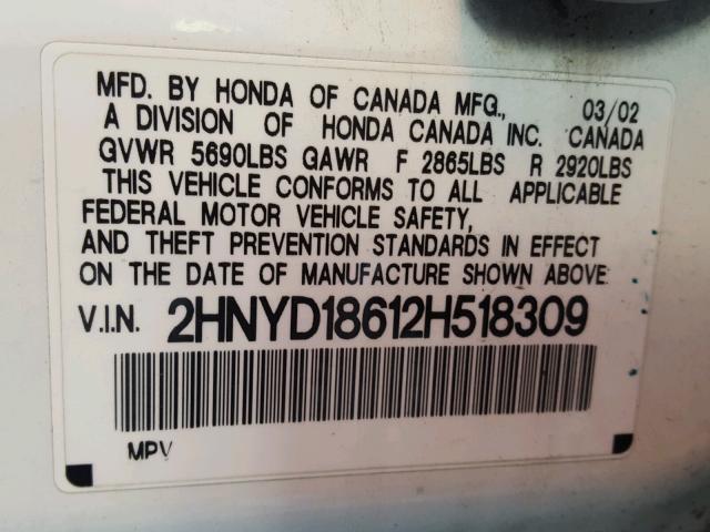 2HNYD18612H518309 - 2002 ACURA MDX TOURIN WHITE photo 10