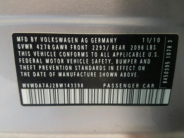 WVWDA7AJ2BW143398 - 2011 VOLKSWAGEN GOLF 银色 照片 10