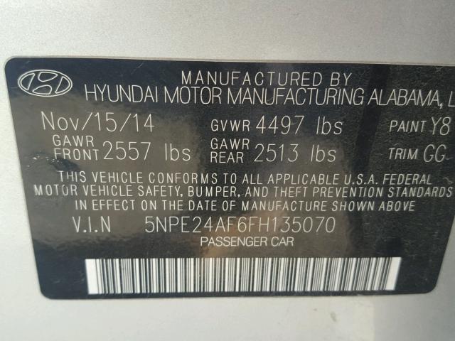 5NPE24AF6FH135070 - 2015 HYUNDAI SONATA SE SILVER photo 10