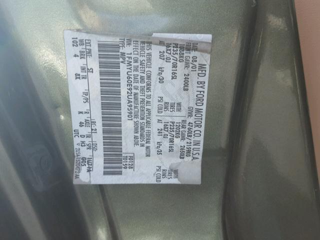 1FMYU60E92UA95901 - 2002 FORD EXPLORER S 绿色 照片 10