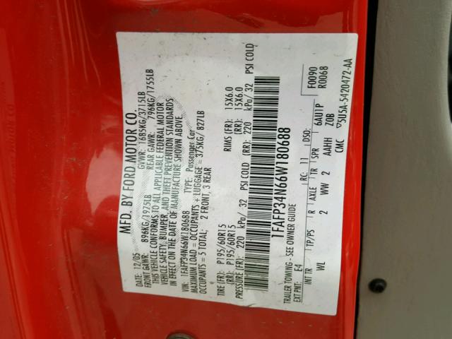 1FAFP34N66W180688 - 2006 FORD FOCUS ZX4 RED photo 10