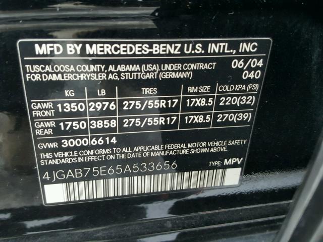 4JGAB75E65A533656 - 2005 MERCEDES-BENZ ML 500 BLACK photo 10