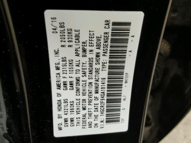 1HGCR2F94GA191416 - 2016 HONDA ACCORD EXL Siyah fotoğraf 10