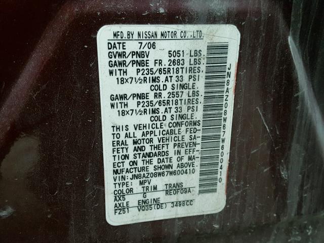 JN8AZ08W67W600410 - 2007 NISSAN MURANO SL MAROON photo 10