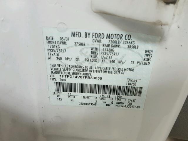 1FTPX14V67FB53656 - 2007 FORD F150 WHITE photo 10