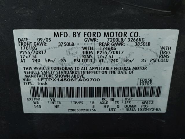 1FTPX14506FA09700 - 2006 FORD F150 SILVER photo 10