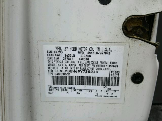 1LNLM82W6PY730214 - 1993 LINCOLN TOWN CAR S WHITE photo 10