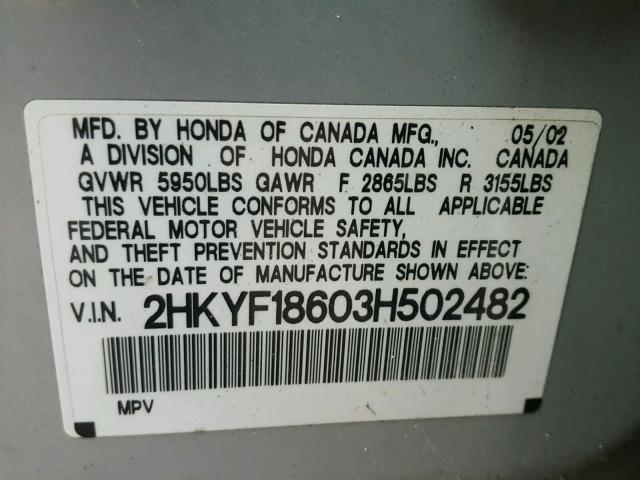 2HKYF18603H502482 - 2003 HONDA PILOT EXL SILVER photo 10