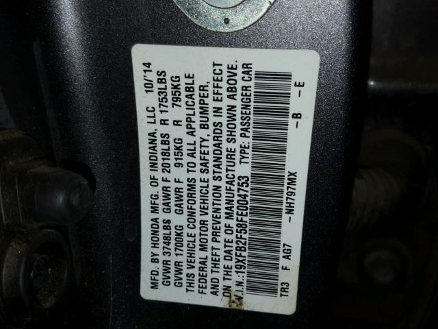 19XFB2F58FE004753 - 2015 HONDA CIVIC LX GRAY photo 10