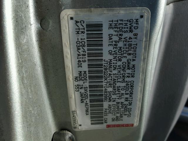 JT2BG22K7Y0483991 - 2000 TOYOTA CAMRY CE SILVER photo 10