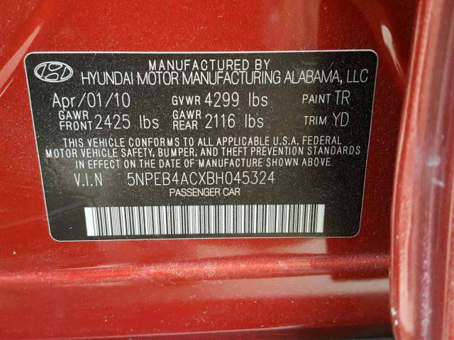 5NPEB4ACXBH045324 - 2011 HYUNDAI SONATA GLS RED photo 10