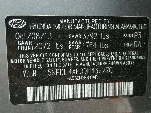 5NPDH4AE0DH432270 - 2013 HYUNDAI ELANTRA GL GRAY photo 10