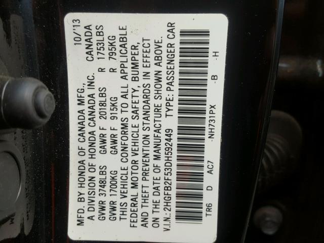 2HGFB2F53DH592449 - 2013 HONDA CIVIC LX BLACK photo 10