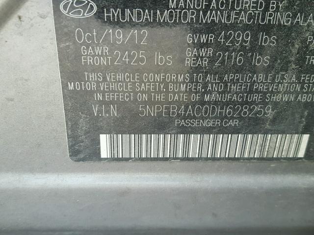 5NPEB4AC0DH628259 - 2013 HYUNDAI SONATA GLS GRAY photo 10