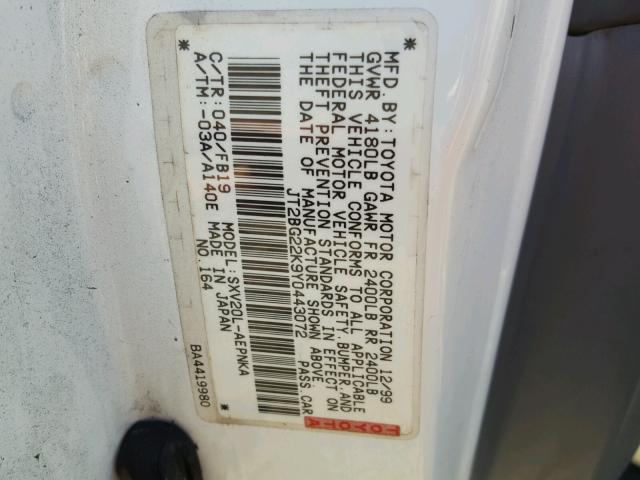 JT2BG22K9Y0443072 - 2000 TOYOTA CAMRY CE WHITE photo 10