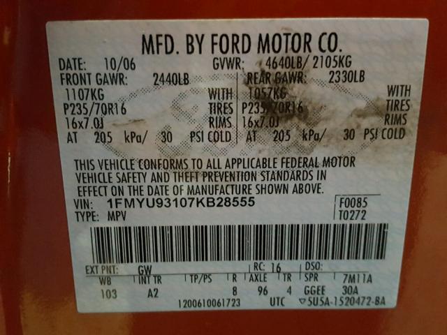 1FMYU93107KB28555 - 2007 FORD ESCAPE XLT ORANGE photo 10