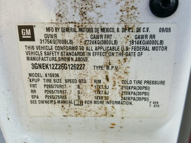 3GNEK12Z26G126227 - 2006 CHEVROLET AVALANCHE WHITE photo 10