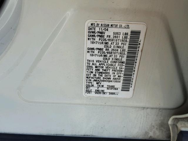 JN8AZ08W35W410884 - 2005 NISSAN MURANO SL WHITE photo 10