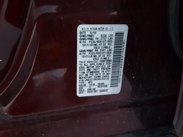 JN8AZ18W39W154130 - 2009 NISSAN MURANO S RED photo 10