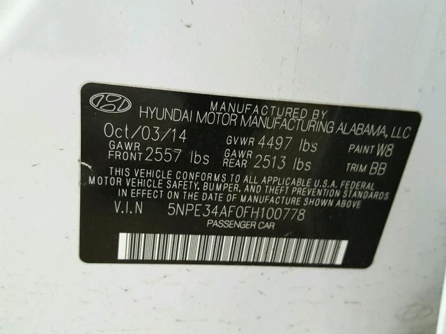 5NPE34AF0FH100778 - 2015 HYUNDAI SONATA SPO WHITE photo 10