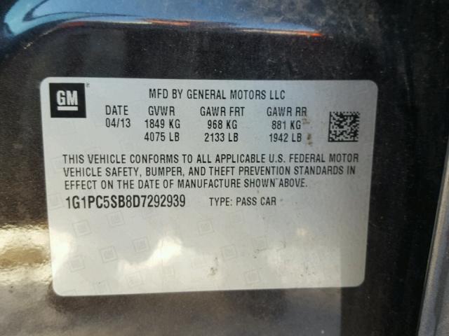 1G1PC5SB8D7292939 - 2013 CHEVROLET CRUZE LT GRAY photo 10