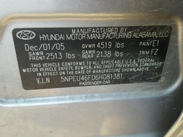 5NPEU46F06H081381 - 2006 HYUNDAI SONATA GLS GRAY photo 10