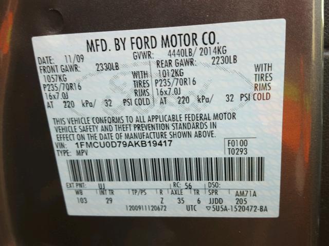 1FMCU0D79AKB19417 - 2010 FORD ESCAPE XLT GRAY photo 10