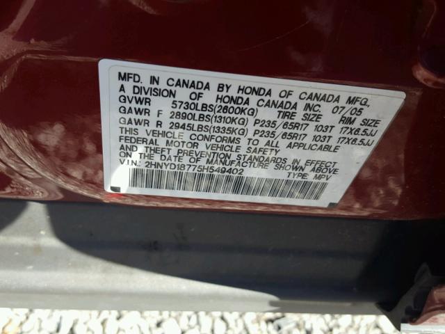 2HNYD18775H549402 - 2005 ACURA MDX TOURIN MAROON photo 10