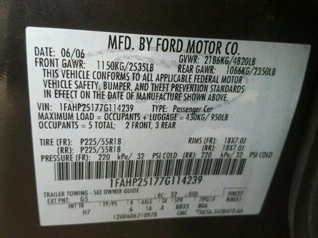 1FAHP25177G114239 - 2007 FORD FIVE HUNDR BLACK photo 10