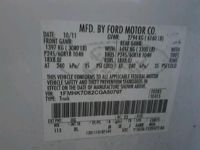 1FMHK7D82CGA50797 - 2012 FORD EXPLORER X WHITE photo 10