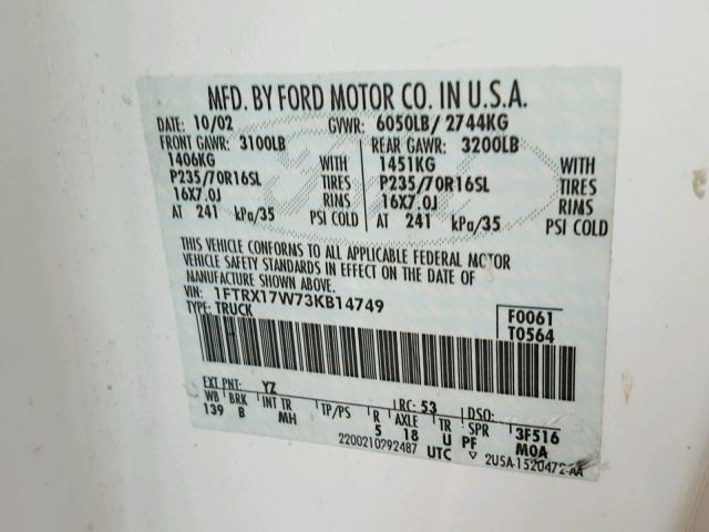 1FTRX17W73KB14749 - 2003 FORD F150 WHITE photo 10