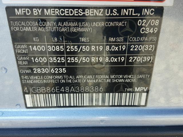 4JGBB86E48A388386 - 2008 MERCEDES-BENZ ML 350 BLUE photo 10