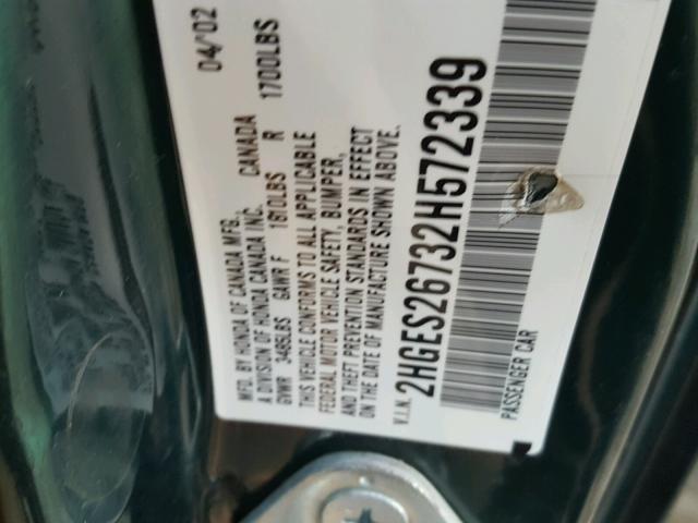 2HGES26732H572339 - 2002 HONDA CIVIC EX 绿色 照片 10