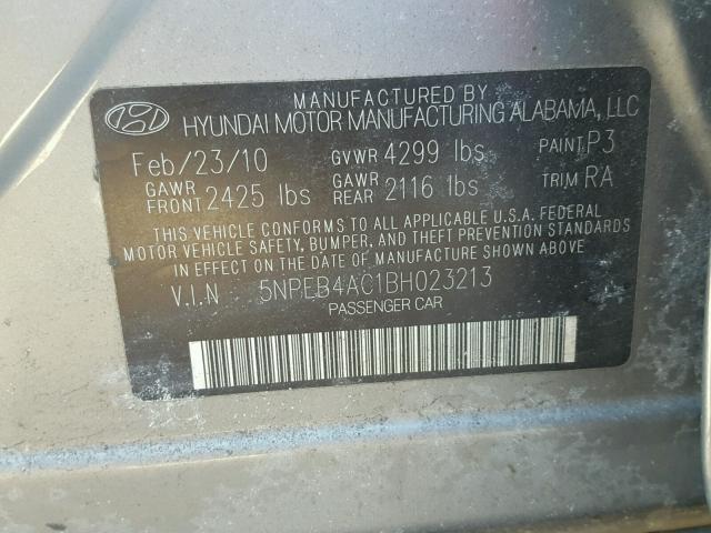 5NPEB4AC1BH023213 - 2011 HYUNDAI SONATA GLS GRAY photo 10